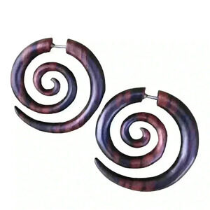 Organic wooden spiral hoop earrings fake gauges by umbrellalaboratory